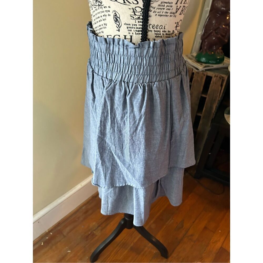 GARNET HILL Skirt Blue Chambray Mini Tier Ruffles